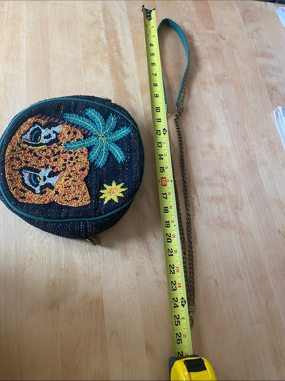 Black Beaded Round Crossbody Bag with Leopard & Palm Design - Picture 7 of 13